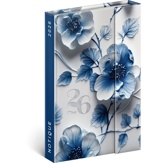 Határidőnapló mágnessel záródó, krémszínű lapokkal Porcelain Flower 110×160 mm, Presco