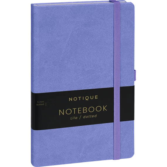 Keménytáblás notesz pontozott vonalozással krémszínű lapokkal leszorító gumiszalaggal Lila 130x210mm, Presco