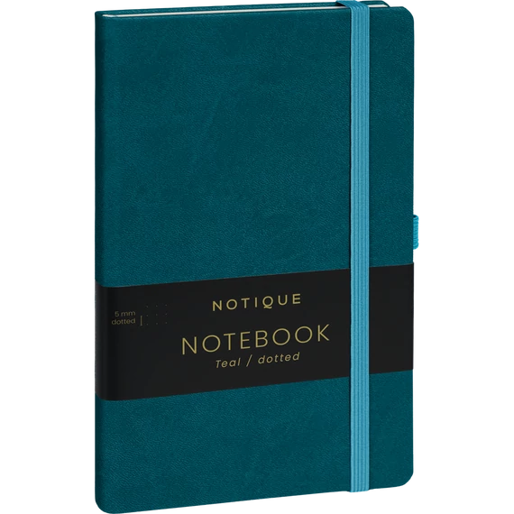 Keménytáblás notesz pontozott vonalozással krémszínű lapokkal leszorító gumiszalaggal Teal 130x210mm, Presco