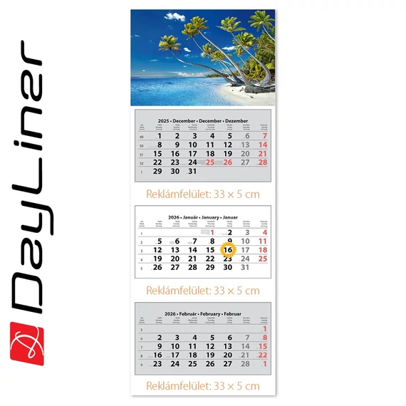 Speditőr naptár 3 tömb, 3 hónap SP-3 330 × 880 mm, fehér lapokkal Vízpart Dayliner 2026.